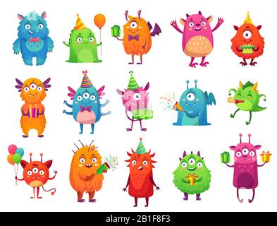 Cartoon party monsters. Cute monster happy birthday gifts, funny alien mascot and monster with greeting cake vector illustration set Stock Vector
