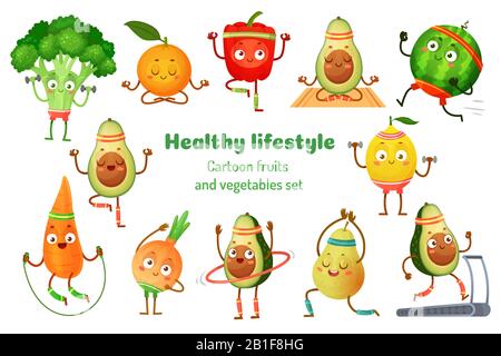 Sport fruits and vegetables. Healthy lifestyle mascots, fruit sports exercise and avocado yoga workout cartoon vector illustration set Stock Vector