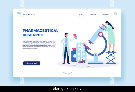 Pharmaceutical research. Scientists lab, pharmaceutics scientist and laboratory researchers landing page vector illustration Stock Vector
