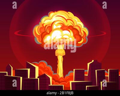 Nuclear explosion in city. Atomic bombing, bomb explosion fiery mushroom cloud and war destruction cartoon vector illustration Stock Vector