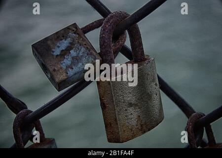 Padlocks On a Chain Link Fence Stock Photo