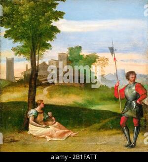 Titian, Tiziano Vecellio, An Idyll: A Mother and a Halberdier in a Wooded Landscape, painting in oil on panel, circa 1505-1510 Stock Photo