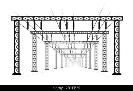 The power line pictured in perspective. High voltage and high power. Electricity and power supply. Stock Vector