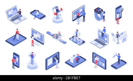 Isometric user interface. Online office, device interactions and touch mobile interfaces 3d vector set Stock Vector