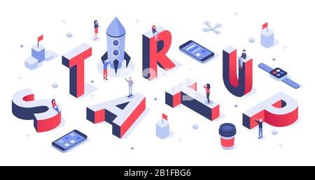 Isometric startup lettering. Company launch, startups business banner and abstract creative vector background illustration Stock Vector