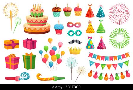 Cartoon party kit. Rocket fireworks, colorful balloons and birthday gifts. Carnival masks and sweet cupcakes vector illustration set Stock Vector