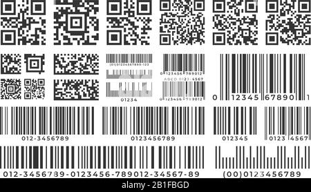 Barcodes. Scan bar label, qr code and industrial barcode. Product inventory badge, codes stripe sticker and package bars vector set Stock Vector