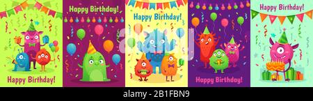 Monster birthday greeting card. Monsters with happy birthday gifts, kids party invitation and friendly monster cartoon vector set Stock Vector