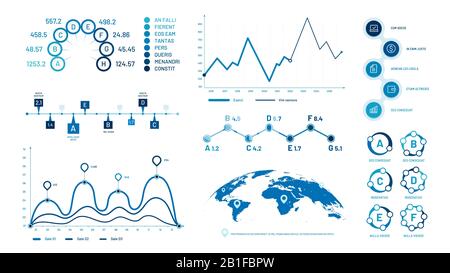 Infographics graph charts. Histogram data graphs, bubbles graphic timeline chart and diagram vector illustration set Stock Vector