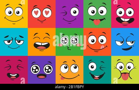 Cartoon face expressions. Happy surprised faces, doodle characters mouth and eyes vector illustration set Stock Vector