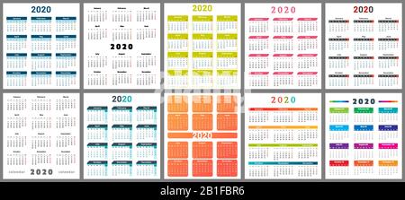 Calendar 2020. Wall planner calendars, week starts grid and year dates template vector illustration set Stock Vector