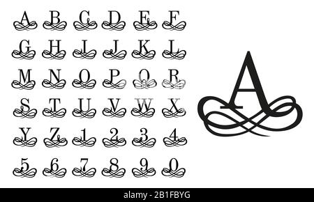 Filigree monogram letters. Vintage logo letter, decoration ornament numbers and ornamental curls alphabet vector illustration set Stock Vector