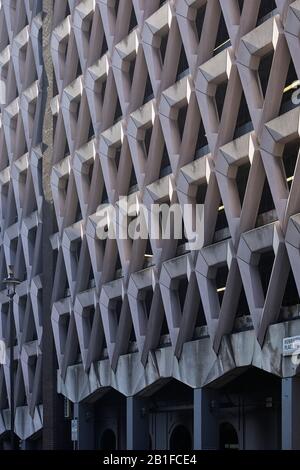 Oblique exterior facade elevation. Welbeck Street Car Park, London, United Kingdom. Architect: Michael Blampied and Partners, 1070. Stock Photo