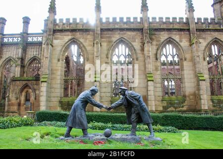 the christmas truce football statue at st lukes bombed out church in liverpool england UK