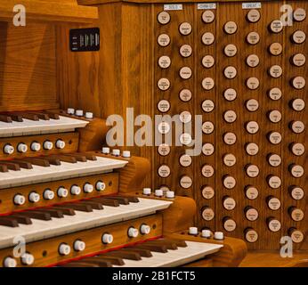 Stop buttons organ stops and keyboard on Swedish pipe organ, Stockholm Sweden Stock Photo