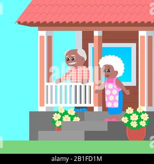 Elderly grandparents African American are waiting for guests on the porch of a wooden house. There are joyful smiles on their faces. Cartoon vector il Stock Vector