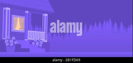 Country wooden house at night against the background of the forest. The light is on in the window. Vector illustration banner. Stock Vector