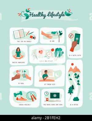 Healthy lifestyle and self care vector infographic with tips for a balanced healthy living Stock Vector