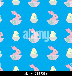 Easter bunny seamless vector pattern background. Cute decorated rabbit folk art illustration. Scandinavian style baby animals in baskets on polka dot Stock Vector