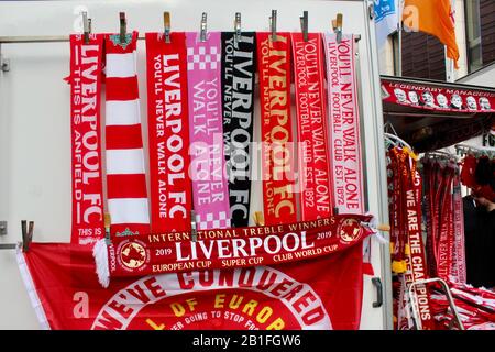 street stall selling liverpool football club merchandise in central liverpool england UK Stock Photo