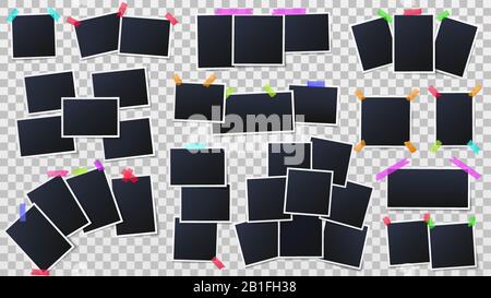 Photos on color adhesive tapes. Snapshots frames, instant photo mockup and party photo wall template vector illustration Stock Vector