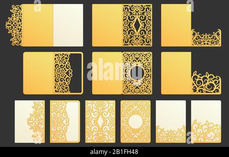 Ornamental pocket folder. Decorative wedding invitation folder, menu holder and greeting envelope with die cut ornament vector set Stock Vector