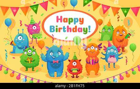 Happy birthday monsters. Kids birthday party cute monster mascot, monsters anniversary greeting card cartoon vector illustration Stock Vector