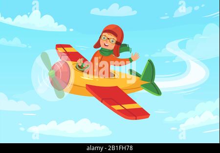 Cartoon kid pilot. Children aviator flying in airplane, little boy avia trip and airplane flight in sky vector illustration Stock Vector
