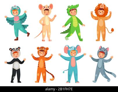 Cartoon baby animal costumes. Cute girl in panda costume, little boy in elephant suit and kids party mascot vector illustration set Stock Vector