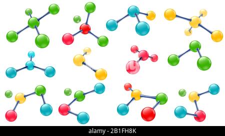 Science lab molecules. Vitamin molecule, chemical molecular structure and color molecules models 3d vector set Stock Vector