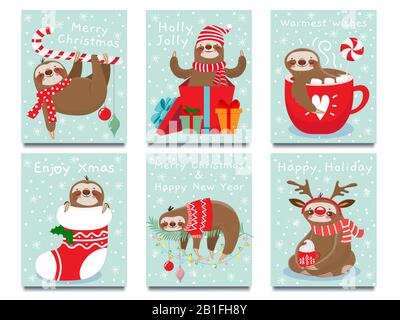 Merry Christmas lazy sloth. Happy New Year cute lazybones, xmas laziness and winter holidays greeting card vector illustration Stock Vector