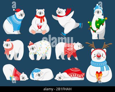 Christmas polar bears. Arctic bear with New Year gifts, happy snow animal in Merry Christmas sweater cartoon vector illustration set Stock Vector