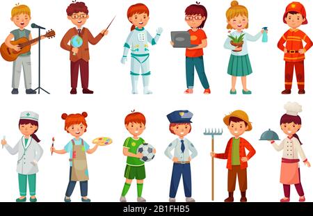 Kids workers. Child professional uniform, policeman kid and baby job professions cartoon vector set Stock Vector