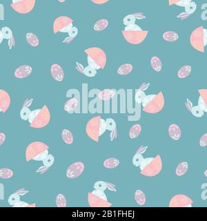 Cute Easter bunny seamless vector pattern background. Decorated folk art rabbits and eggs. Scandinavian style baby animals and spring symbols on Stock Vector