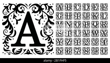 Vintage monogram letters. Decorative ornamental ancient capital letter, old alphabet monograms and filigree ornament font vector set Stock Vector