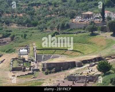 Looking down on the Theatre on the archaeological site of Ancient Messene, Ithomi, Messini, Messenia, Peloponnese, Greece. Stock Photo