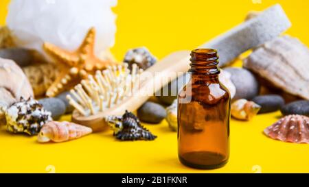 banner bottle of essential oil aromatherapy modern apothecary Various spa items, Skincare aromatherapy objects, Stock Photo
