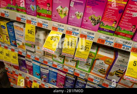 Children's cough and cold remedies on drug store shelves in New York on Thursday, February 13, 2020  (© Richard B. Levine) Stock Photo