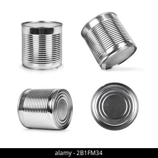 metal cans in different angles isolated on white background Stock Photo