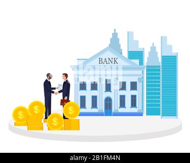 Vector of two business men shaking hands having a deal on a bank building background Stock Vector