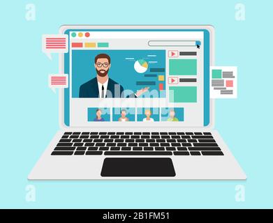 Vector of a professional advisor coaching online. Business education videos concept Stock Vector