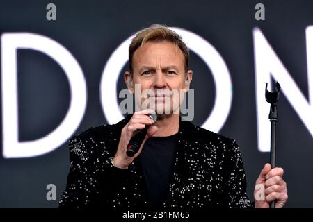 Jason Donovan preforming live on stage at music festival 2019 Stock Photo