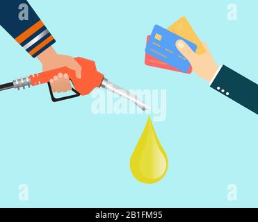 Vector of a hand with credit cards and a second hand holding fueling gas nozzle Stock Vector