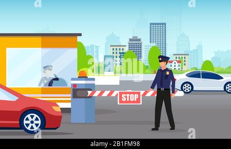 Vector of a security man and gate checking cars passing to company office parking lot Stock Vector