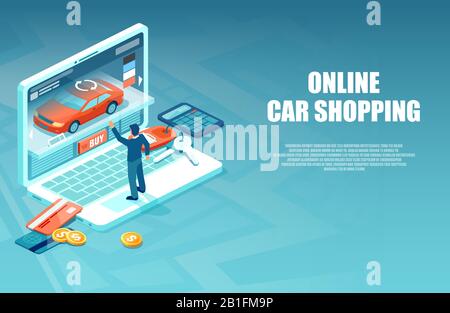 Vector of a man buying a car in the internet using auto configurator online Stock Vector