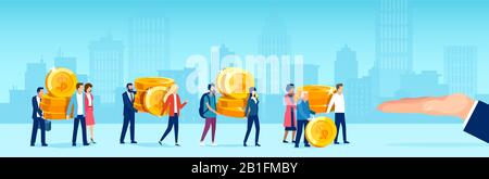 Vector of diverse people caring giving away coins money to a big business man Stock Vector