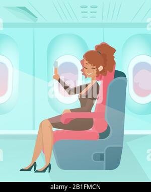 Vector of a happy passenger woman sitting in a comfortable chair and drinking champagne in business class Stock Vector