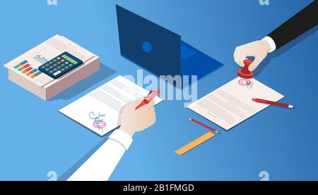 Vector of a notary and businessman certifying legal documents by signature and seal stamp closing a sale deal Stock Vector