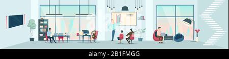 Vector of a creative business workplace with open spaces and employee working Stock Vector