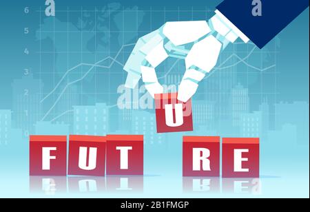 Vector of a robot hand assembling word future with red cubes Stock Vector